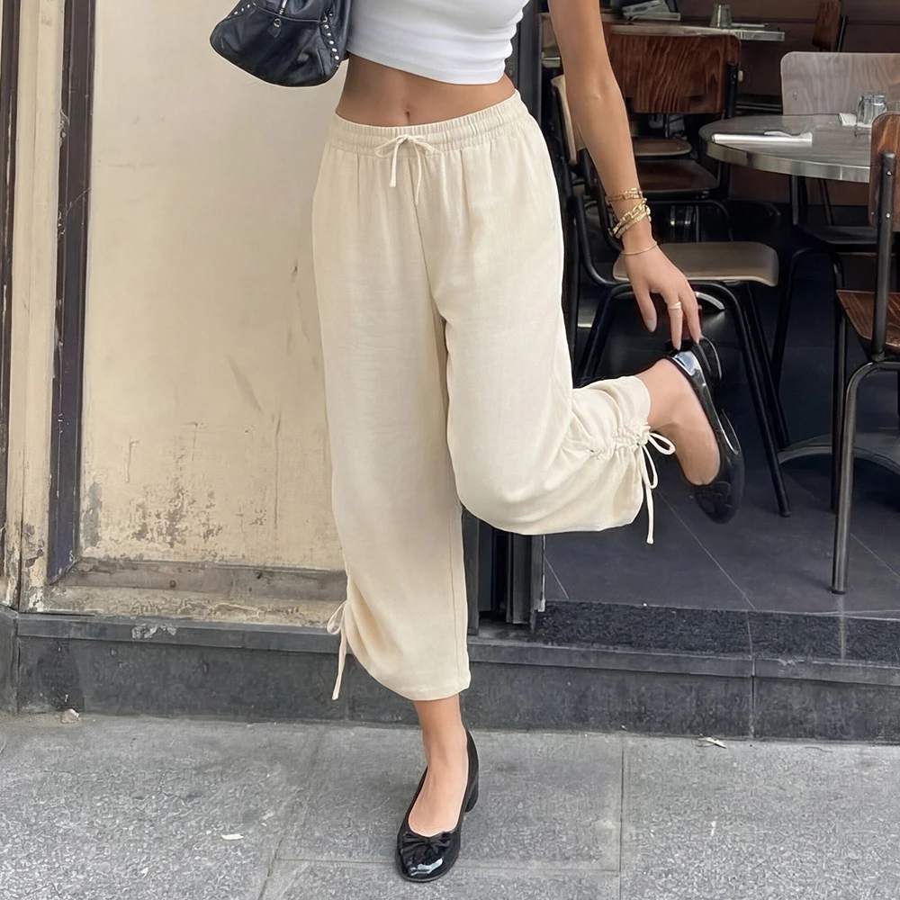 Women Linen Capri Pants Wide Leg Drawstring Pants with Pockets Summer Beach Travel Vacation Outfits Trousers Mujer