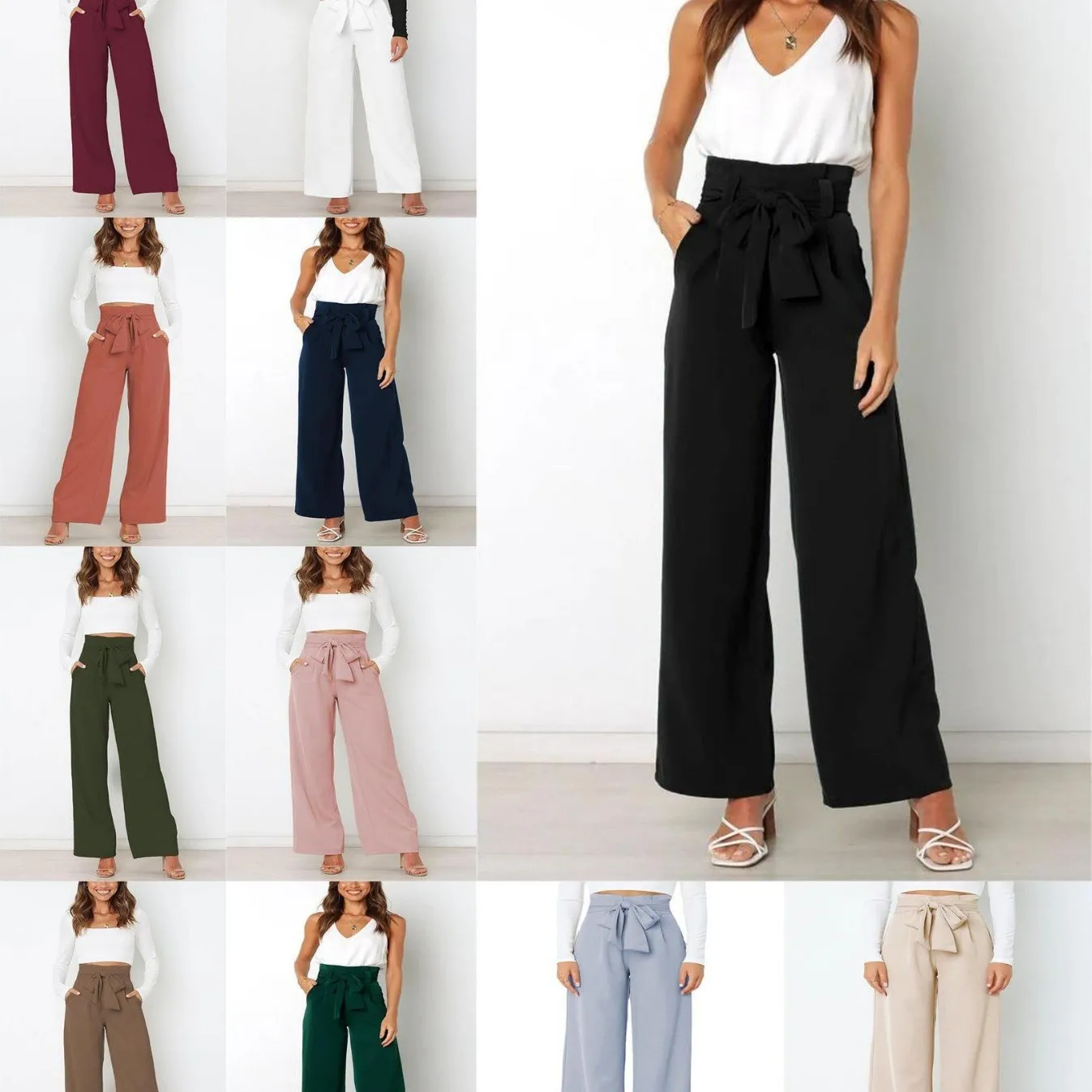 

Summer Women Wide Leg Pants High Waist Bow Tie Waist Trousers Loose Fit Solid Color Wide Leg Pants Black Casual Office Pants