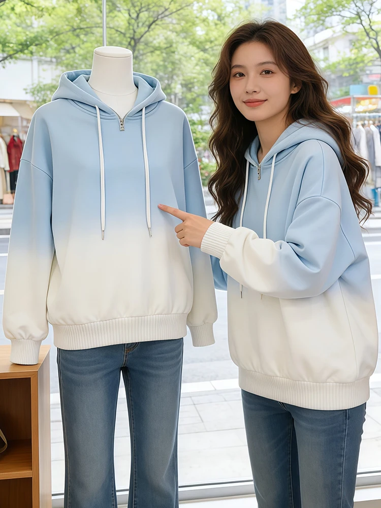 Women's Loose Fit Long Sleeve Hoodie Pure Cotton Gradient Color Design Spring Autumn Slimming Trendy Top Breathable Comfortable