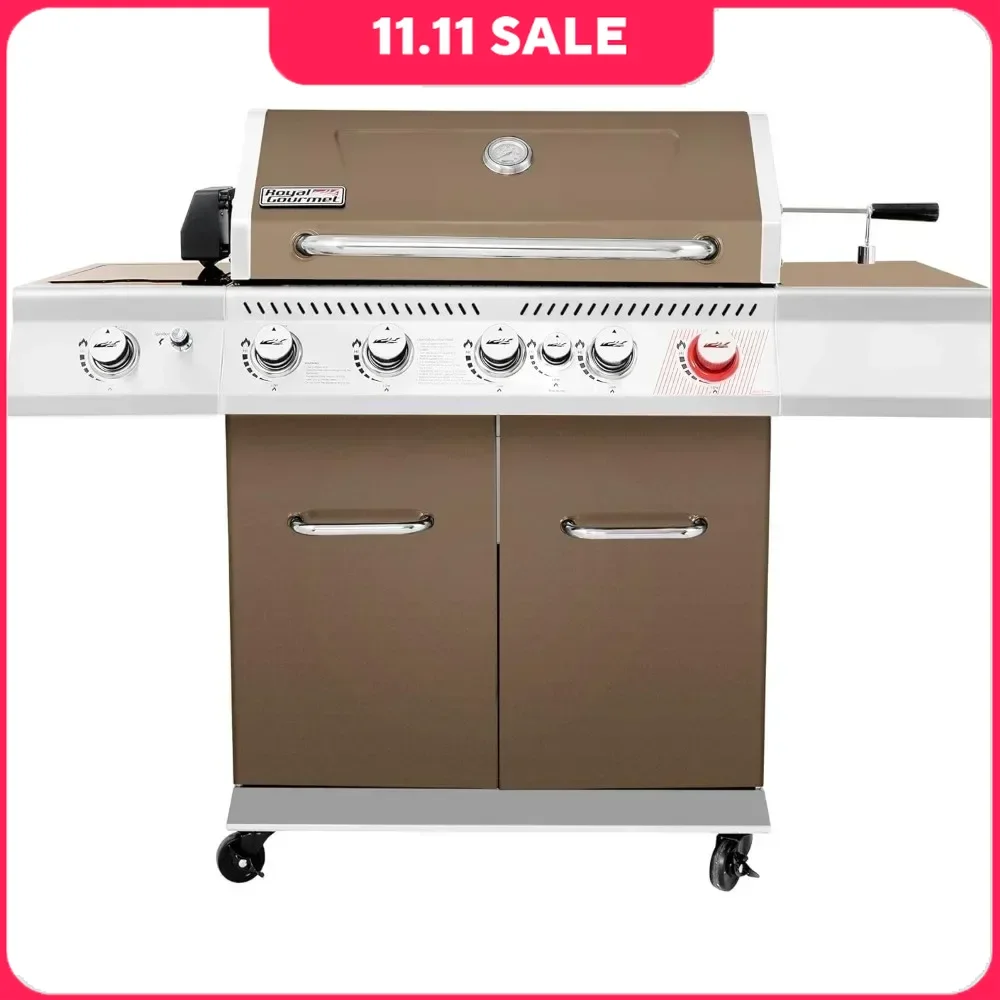 

BBQ Grill of 5-Burner, Rotisserie Kit, Sear Burner, Rear Burner and Side Burner, Outdoor BBQ Grill