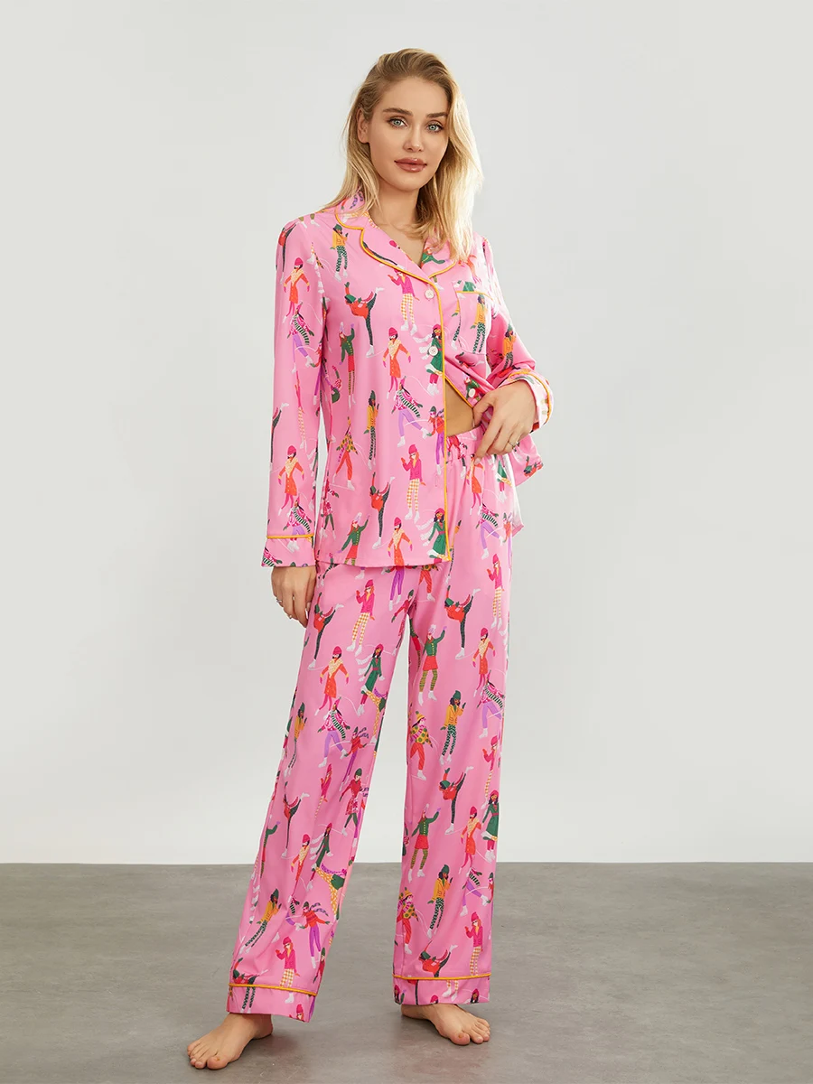 Women Floral Two Piece Pj Lounge Set Y2k Print Long Sleeve Shirt Wide Leg Pants Matching Pajamas Sets 2 Piece Outfit