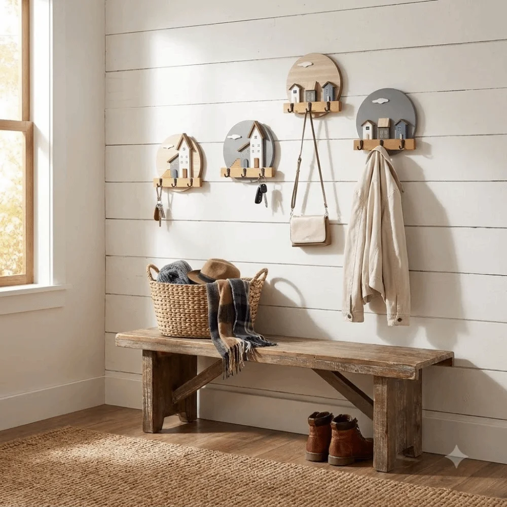 Round Shape Wooden Wall Hook Nordic Style Multi Hook Entrance Key Rack No Punching 3D House Coat Rack Entrance Hall
