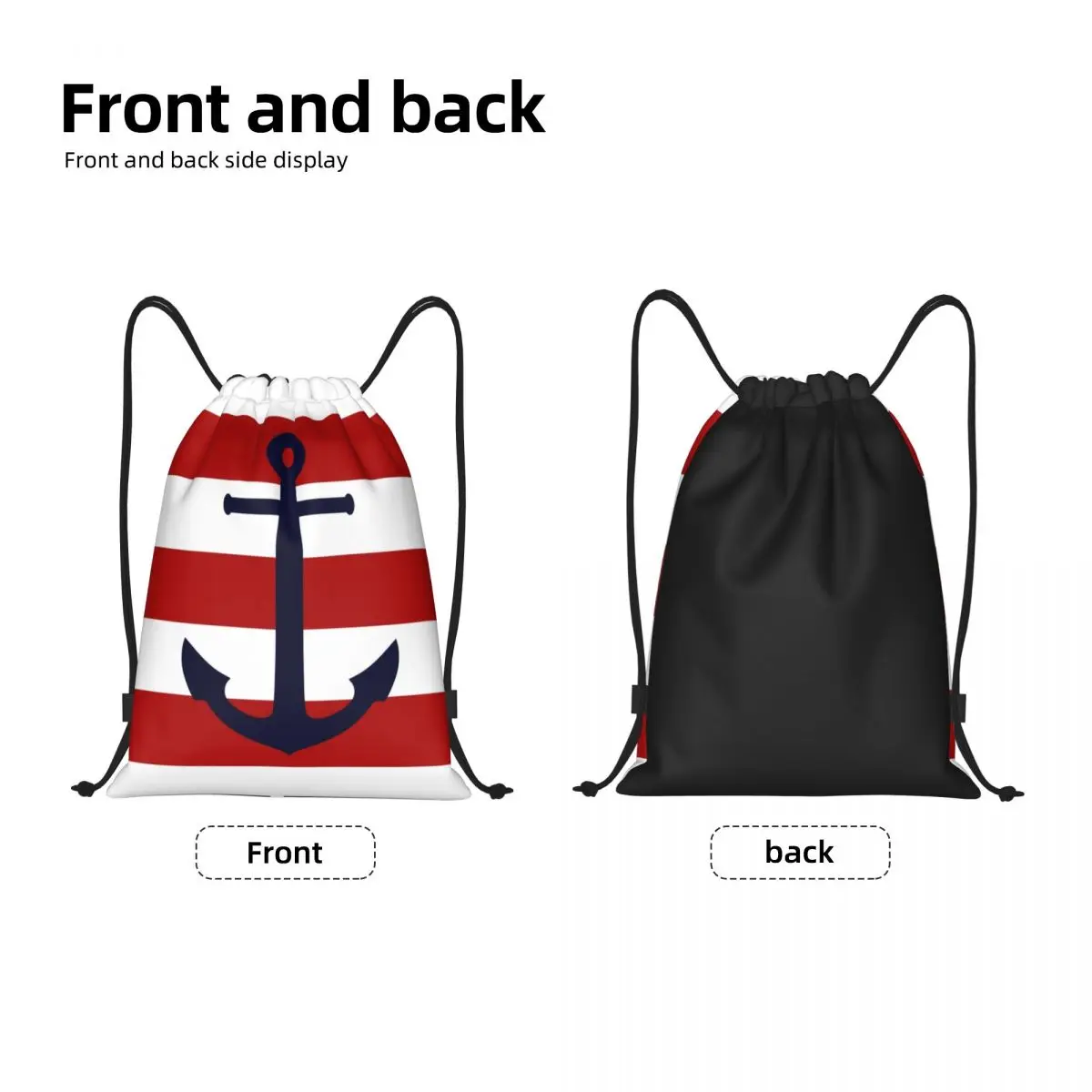 Nautical Navy Blue Anchor On Red Stripes Drawstring Bag for Shopping Yoga Backpacks Men Women Sailing Sailor Sports Gym Sackpack