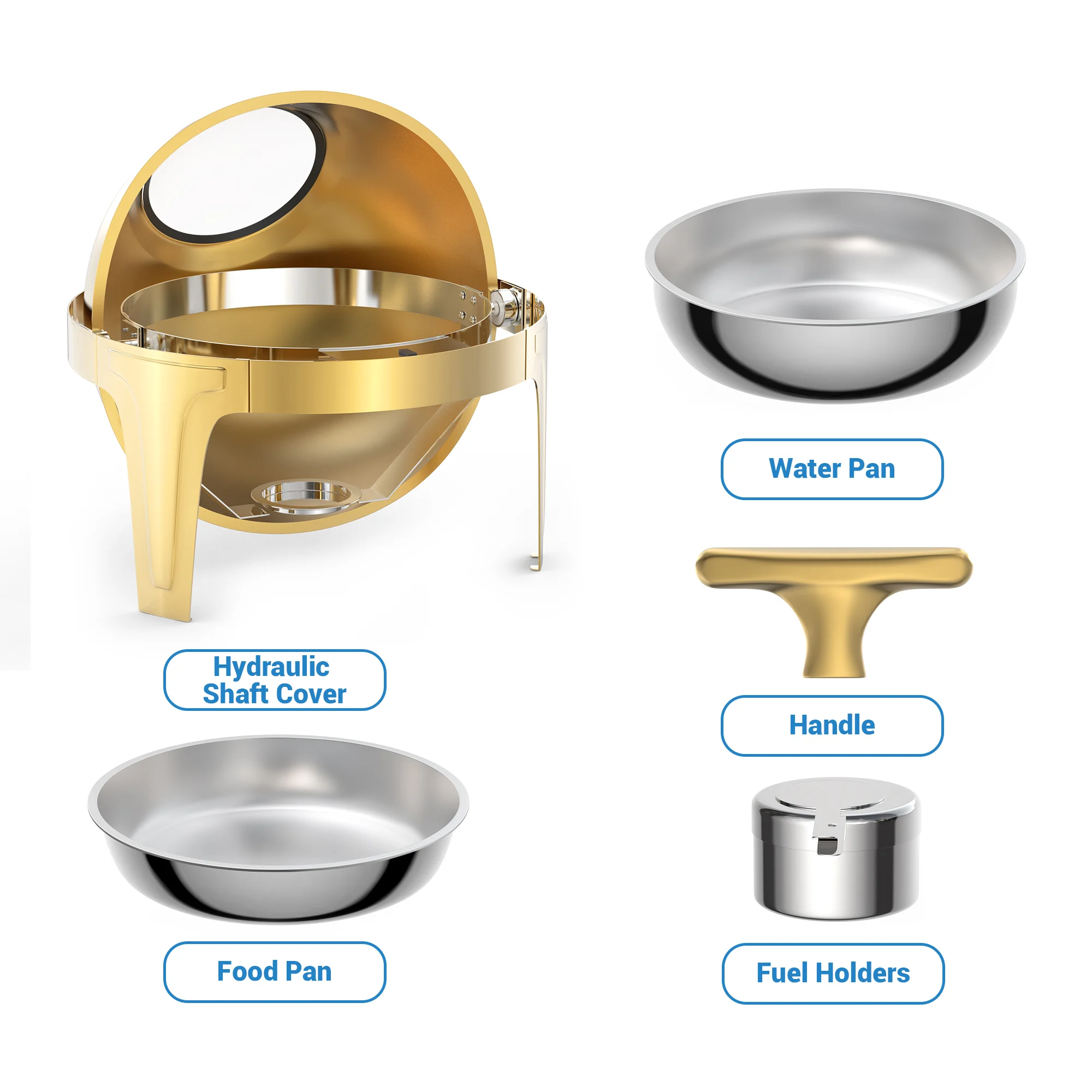 Durable Stainless Steel Chafing Dish Buffet Set - 6.3 Quart Round Roll Top Food Warmer with Glass Window - Ideal for Catering, Parties, Weddings, Banquets, Graduations - Light Gold