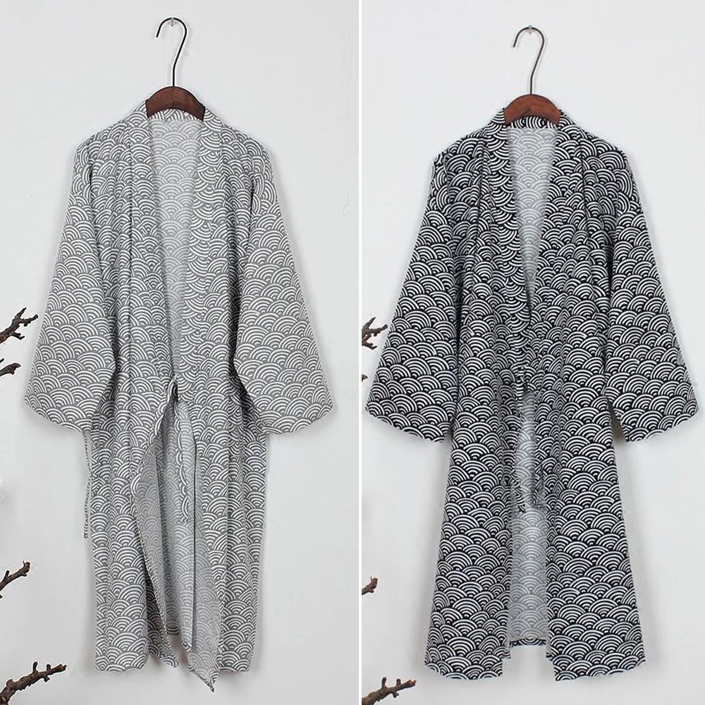 Men\'s Kimono Yukata Cotton Soft Japanese Loose Fit Robe Gown Nightwear Bathrobe Samurai Costume Clothing Long Bath Robes