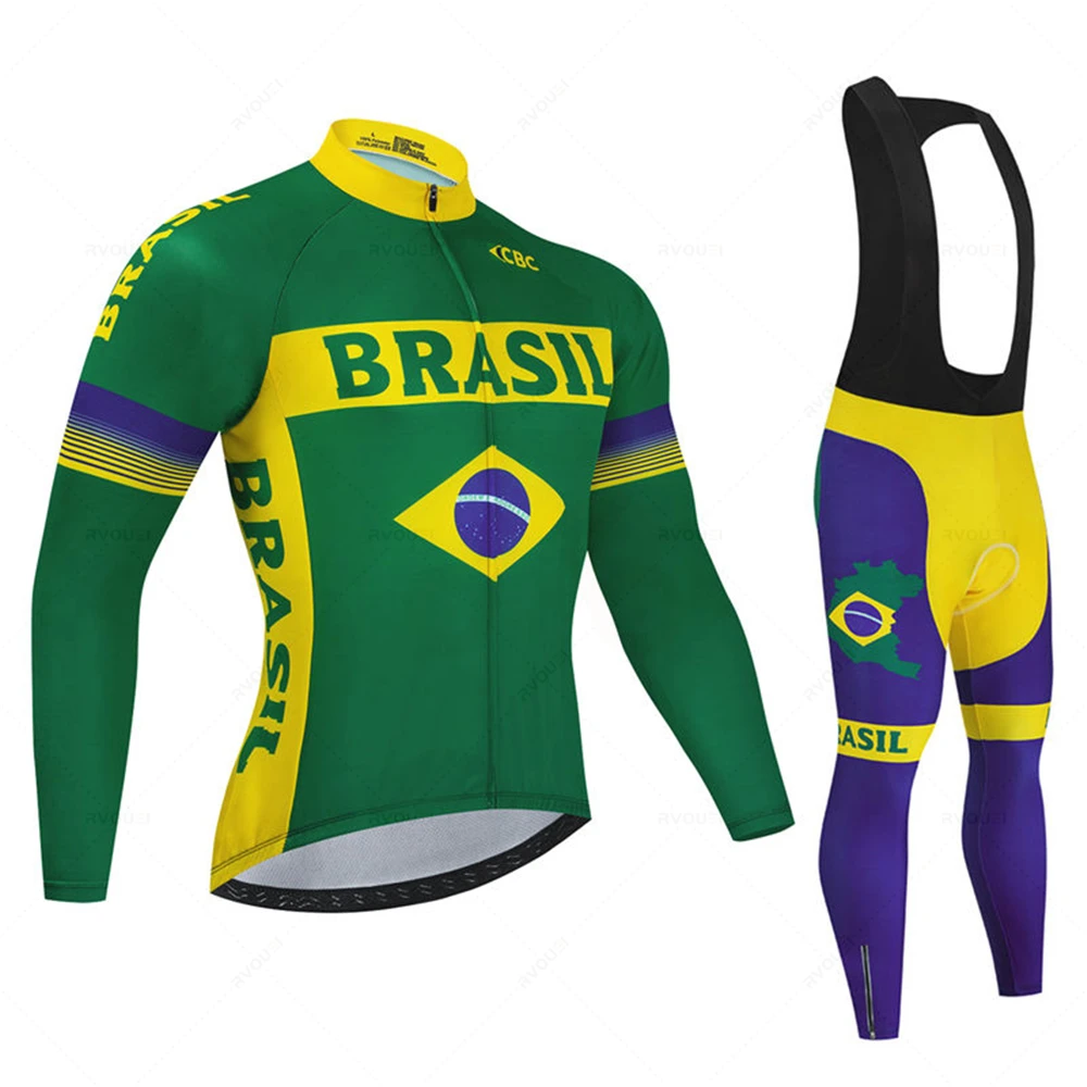 Brazil 2023 Breathable Team Long Sleeve Cycling Jersey Set Bib Pants Ropa Ciclismo Bicycle Clothing MTB Bike Uniform Men Clothes