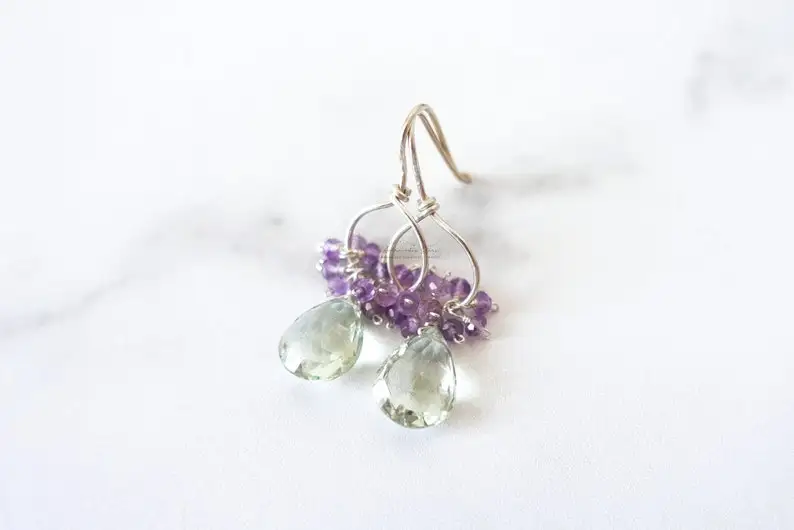 Green Amethyst Cluster Earrings, Sterling Silver Circle Earrings, Pink Amethyst Dangle Earrings, February Birthstone, Gemstone