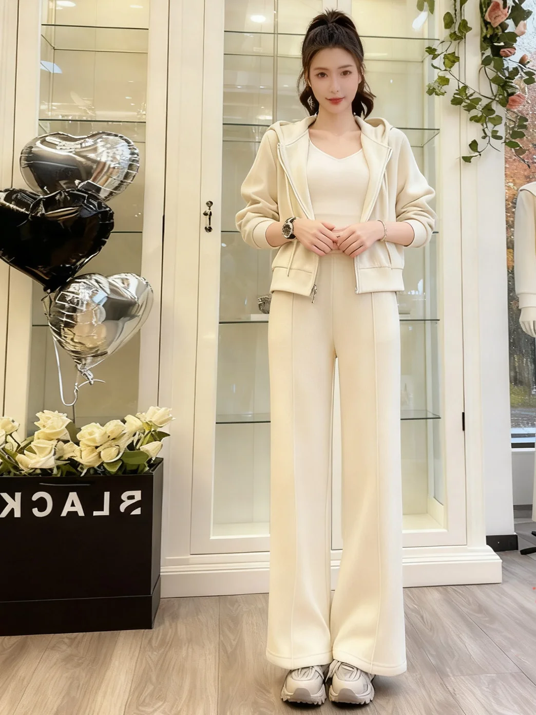 

Зимний повседневный спортивный костюм: модный молодежный флисовый жакет и брюки с широкими штанинами, комплект из двух предметов, лаконичный минималистичный дизайн