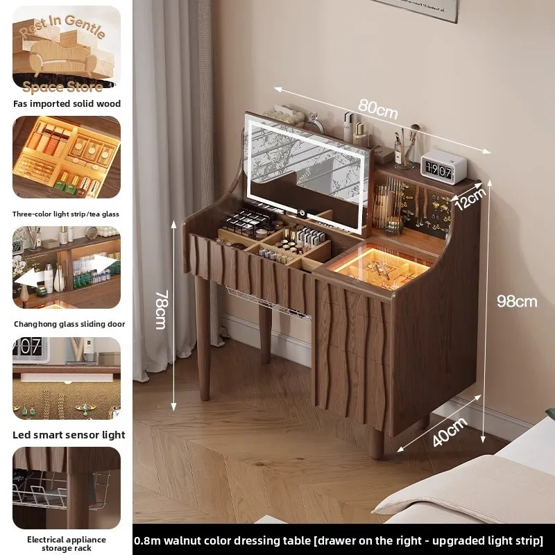 Modern simple bedroom, vanity table, storage cabinet integrated, all solid wood clamshell, vanity table, desk two-in-one 80 cm