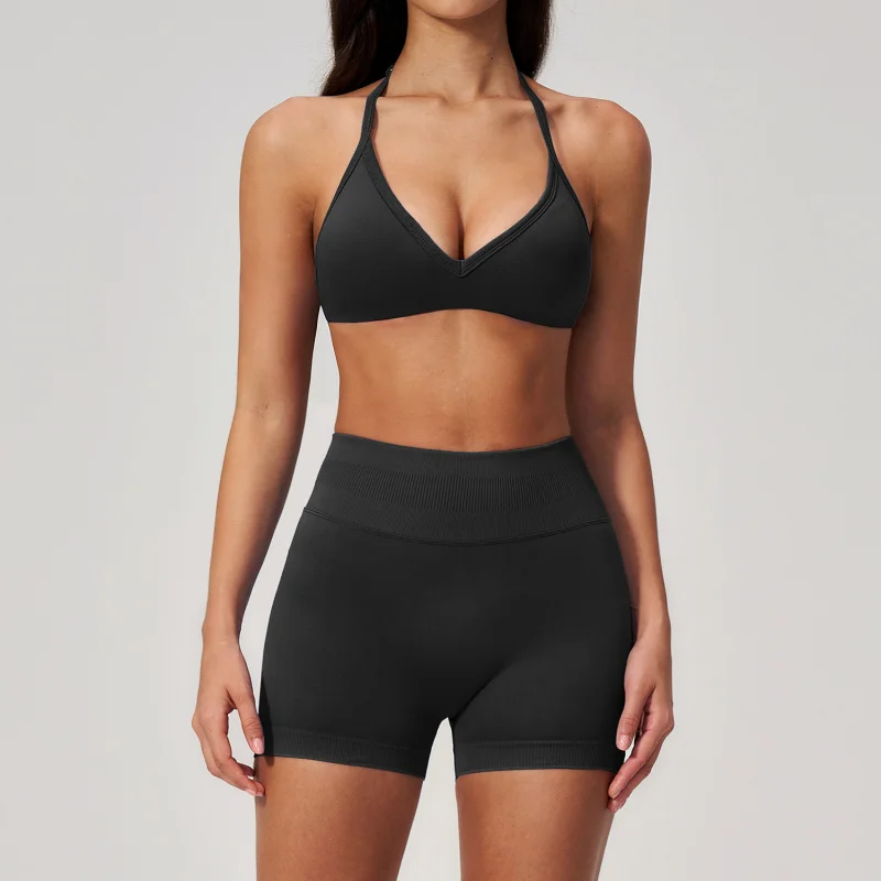 Seamless Yoga Outfit With Halter Neck Beauty Back Butt-lifting Tummy Pilates Training Sports Set Fitness Outfits Sports Sets