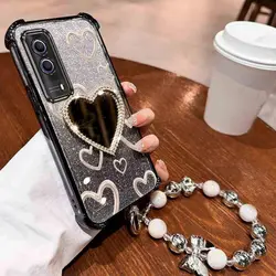 Airbag Wrist Strap Glitter Love Heart Mirror Phone Case On For Vivo Y30 Y30i Y31 Y31S Y33 Y50 Y51 Y51A Y51S Y53S Y72 4G 5G Cover