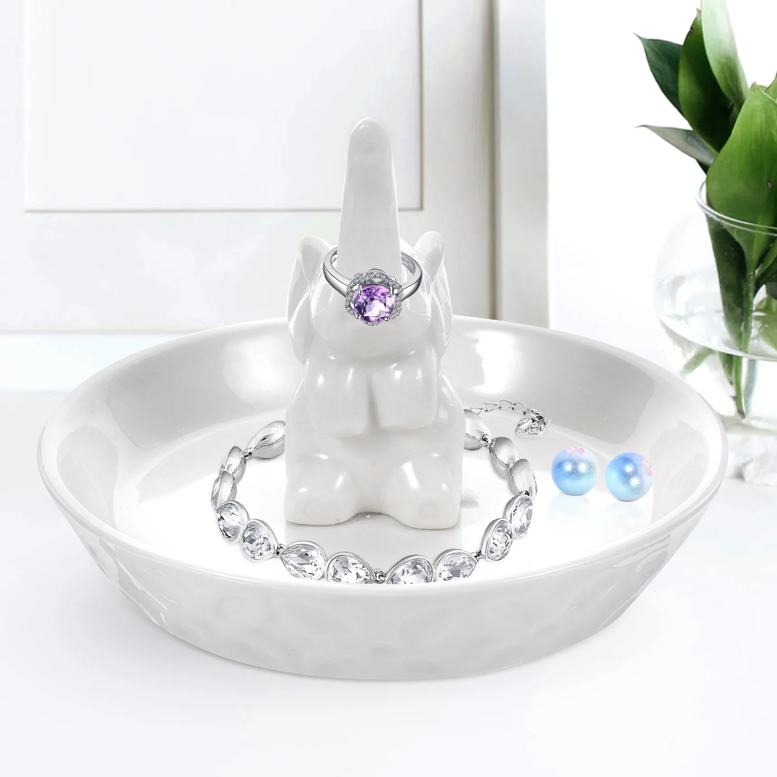 

Ceramic Jewelry Display Tray Adorable Elephant Design Elegant Ring Holder for Desktop Nightstand Jewelry Storage Small