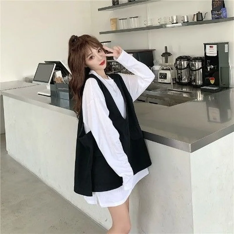 

Vests Women Safari Style Fashion Pure Color Femme Korean Version Baggy All-match Student Spring Fall Light Soft Trendy V-neck