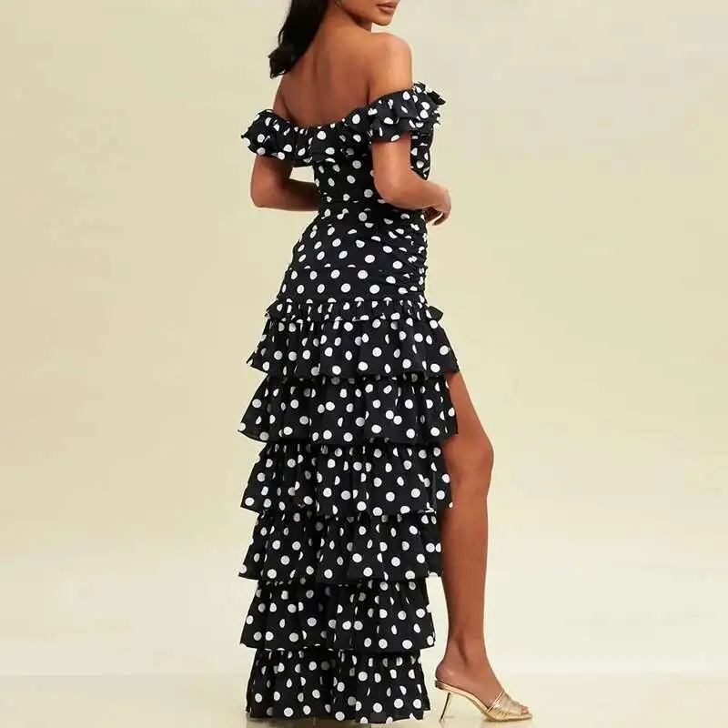 Elegante plissado fino irregular longo moda verão split em camadas bolo vestidos polka impressão fora do ombro vestido de festa feminino