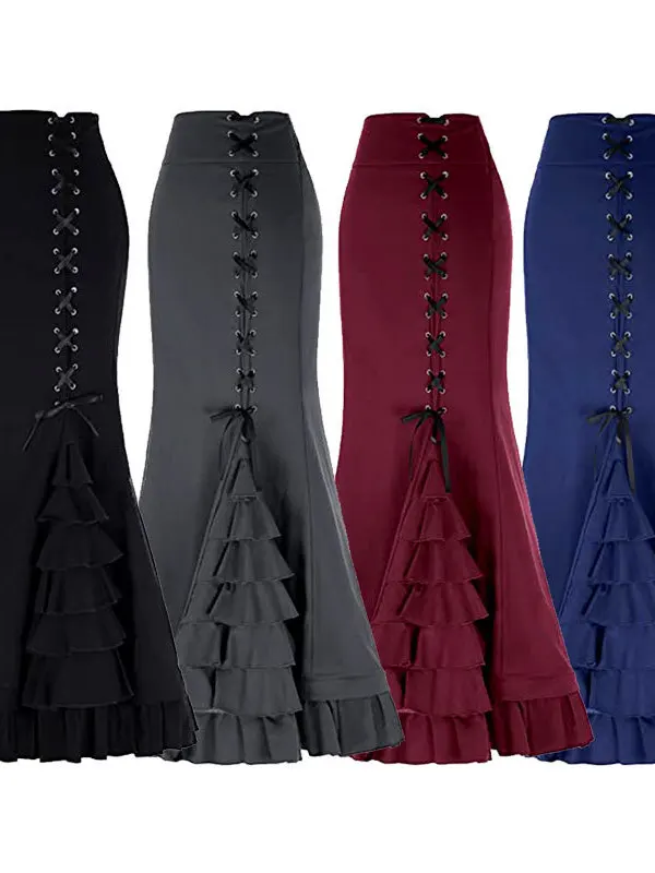 

loween Punk Pleated Mermaid Skirt Women's mid Waist Street Sle Long Pure Color Fi Tail Skirt by Other Material