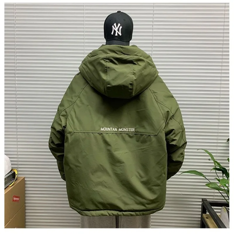 Men's Workwear Fashion Hooded White Down Jacket Winter Thickened Warm Casual Loose Over Jacket Fashion Personality Cool