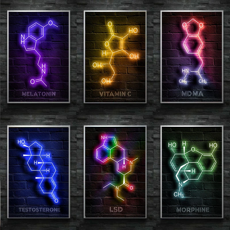 لوحة جزيئات نيون للكيمياء الحديثة Psilocybin zanax Thc ملصقات قماشية صورة فنية جدارية ديكور غرفة المعيشة المنزلية لا LED #2