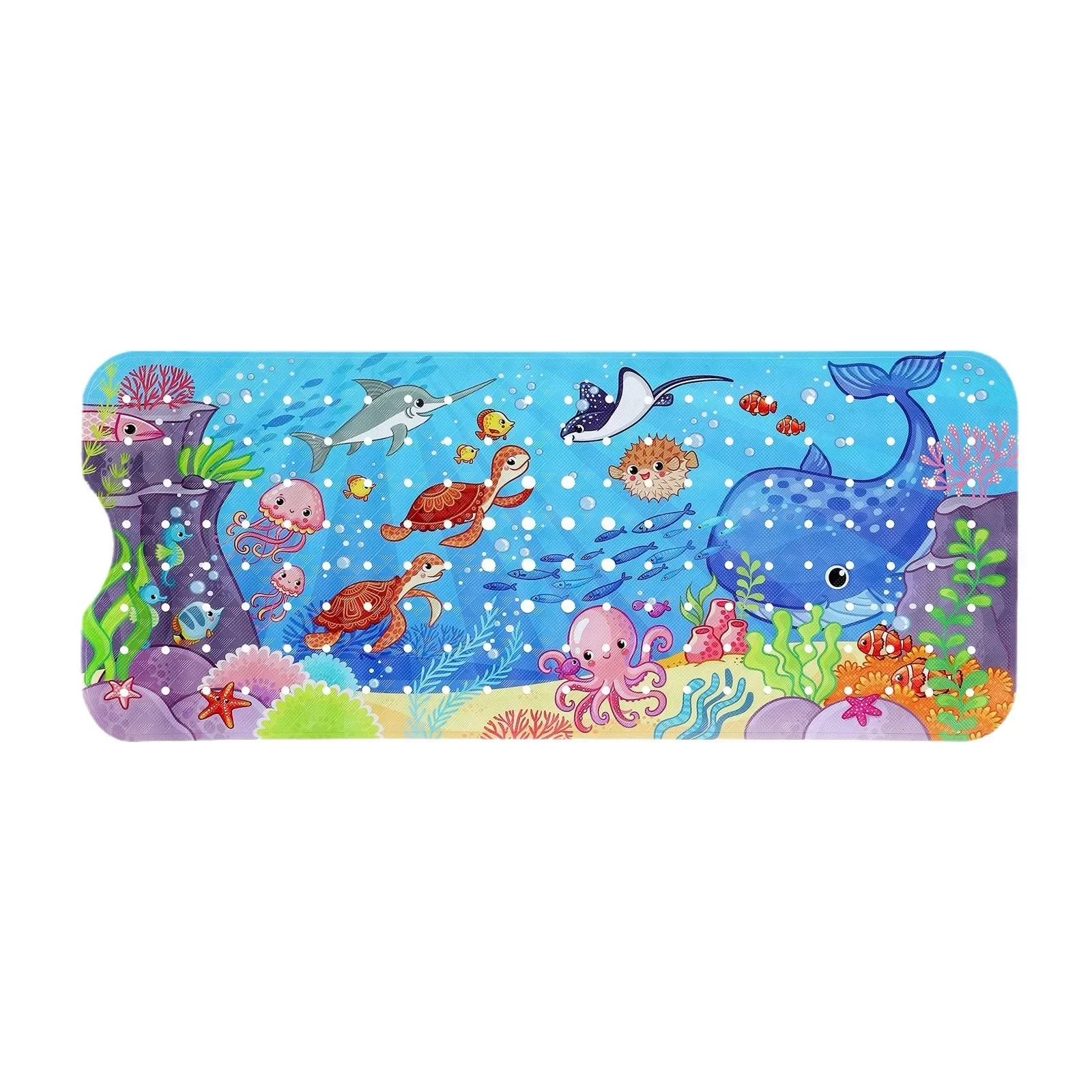 Marine Animals Bathtub Mat,Whales Turtles Jellyfish Pattern, Non Slip with Suction Cup and Drain Hole,Under The Sea Party Decor