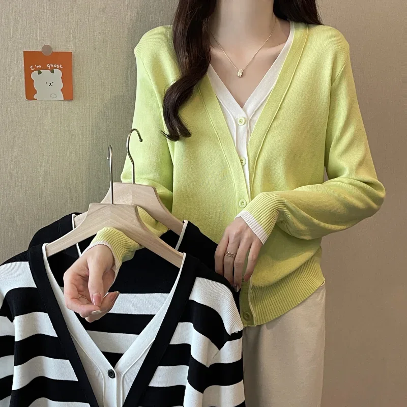 2025 Nieuwe nep tweedelige vesten dames Koreaanse mode patchwork lange mouw lente herfst gebreide vrouwelijke