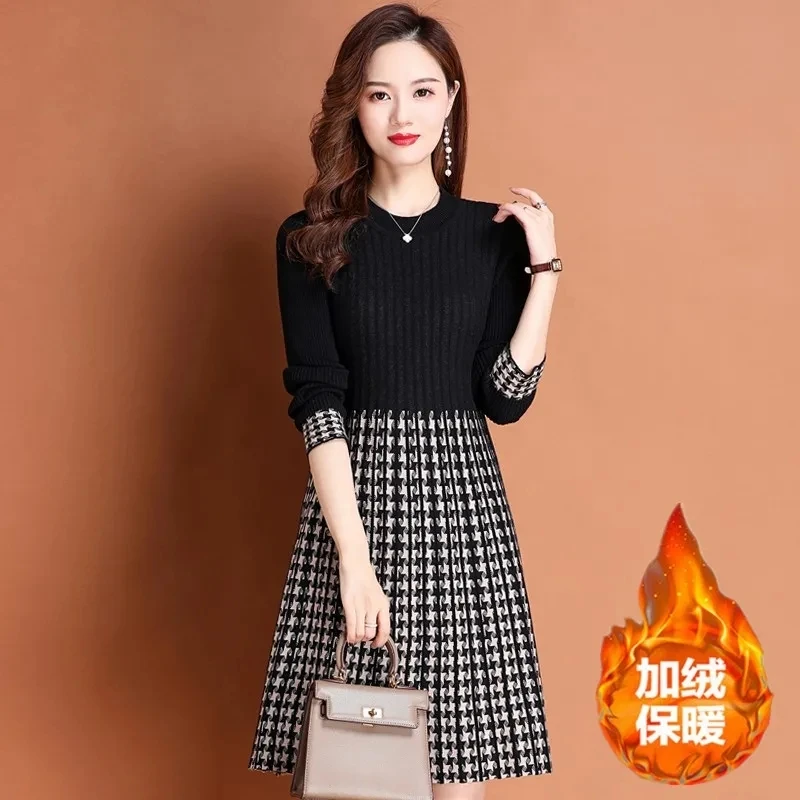 Vestido largo medio con cuello redondo para mujer, suéter con abrigo y vestido ajustado hasta la rodilla, primavera y otoño, novedad de 2024