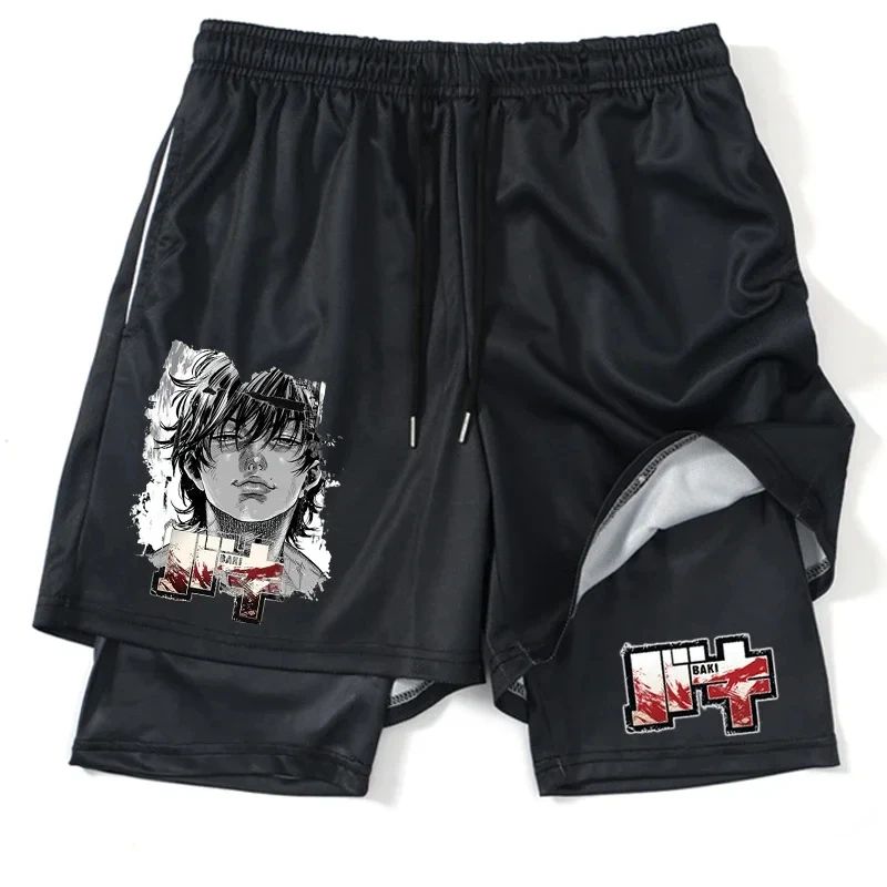 

Japanese Anime Baki Hanma Creative Double-sided Printing 2-in-1 Men's Running Shorts Sports Quick-drying Gym Workout Shorts