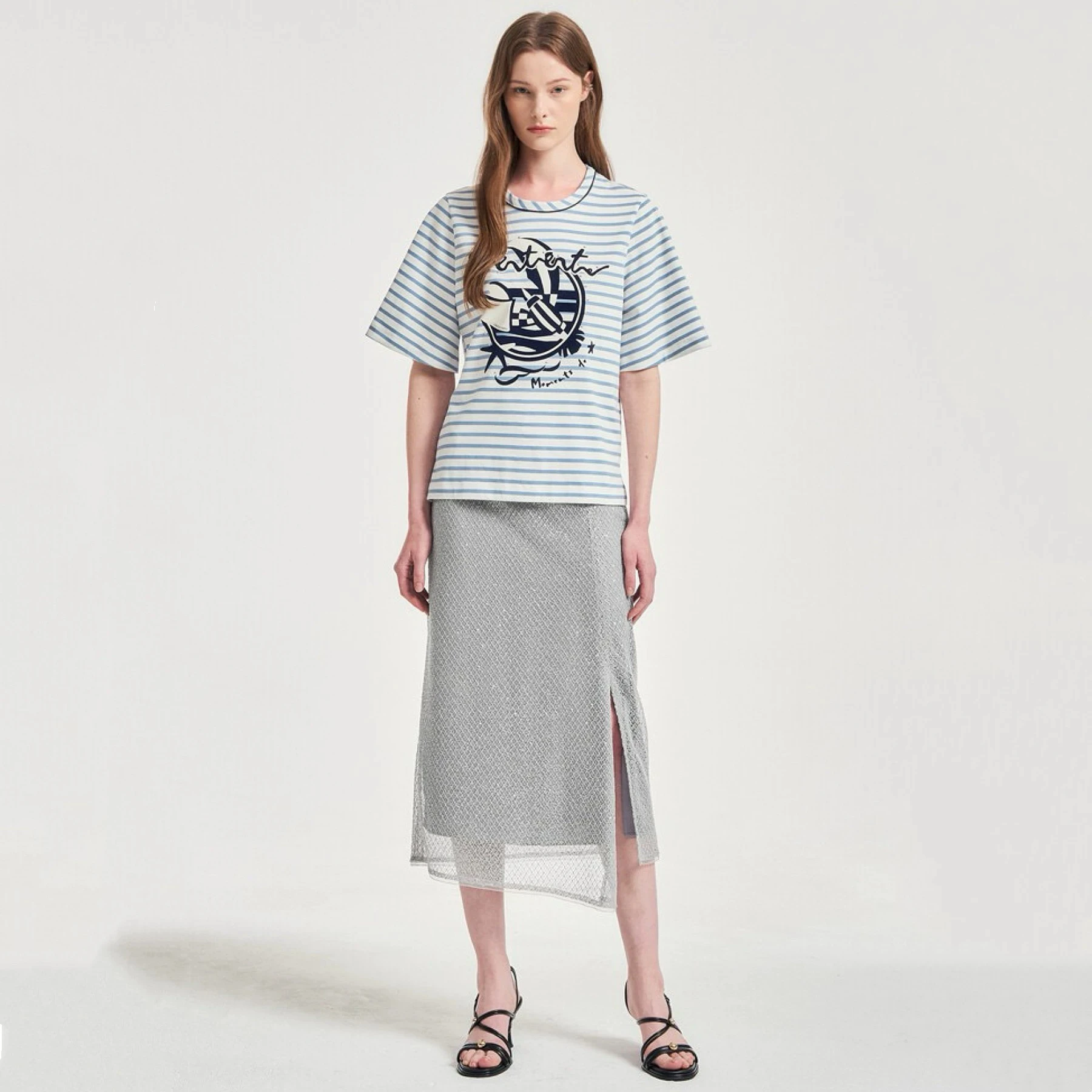 

Korean Single 0BZ25 Summer Casual Versatile round Ne Refreing Color Blo Striped Print Commute Versatile Slim ort S...