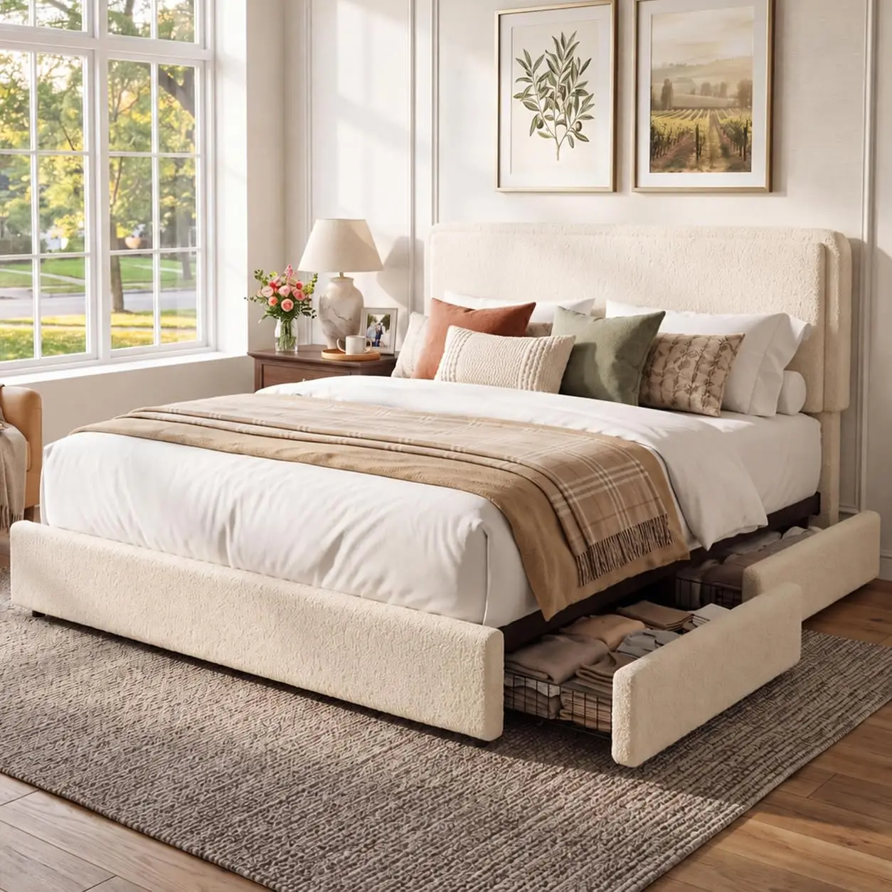 Boucle Full Upholstered Platform Bed Frame with 2 Storage Drawers