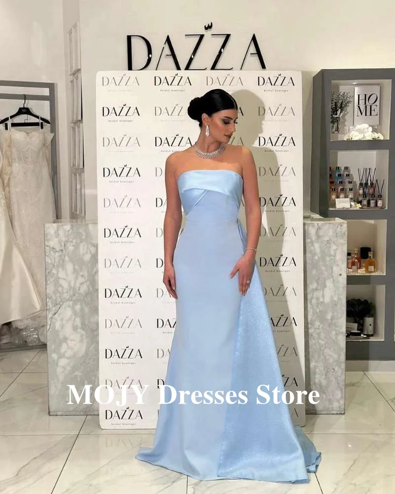 Mojy elegante azul claro Vestidos de noche formales Dubai árabe fiesta de boda sin tirantes satén Vestidos largos de graduación Vestidos personalizados