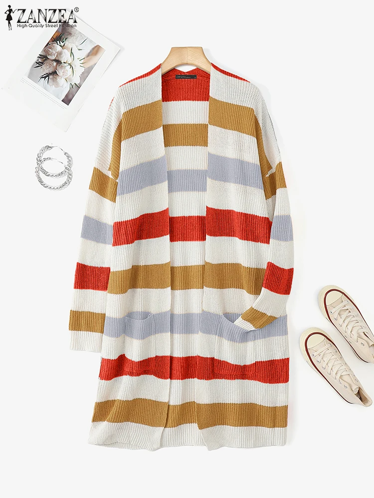 ZANZEA เสื้อสเวตเตอร์ถักผู้หญิง เสื้อคาร์ดิแกนยาวลายทาง เสื้อสเวตเตอร์แฟชั่นแขนยาว เสื้อคลุมลำลองสำหรับฤดูใบไม้ร่วงและฤดูหนาว เสื้อถัก