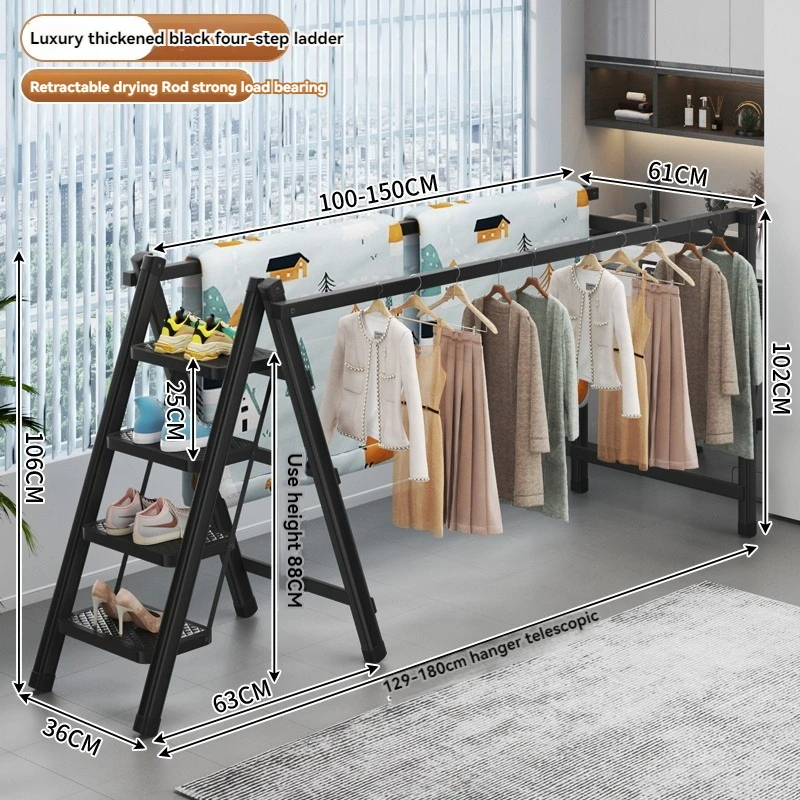 Home Ladder Drying Rack Multi Functional Floor Retractable Folding Ladder Balcony Drying Rack