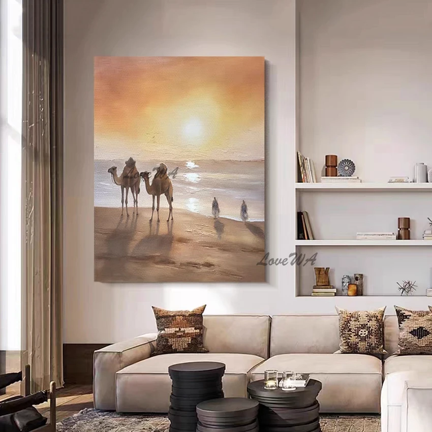 Wall Picture For Restaurant Camel Beautiful Sunset Abstract Landscape Oil Painting Frameless Acrylic Modern Art Home Decor