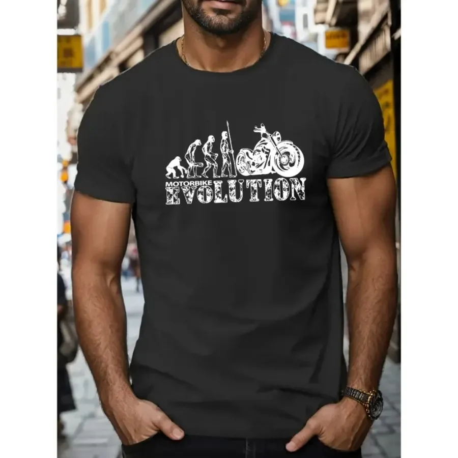 Motorbike Evolution Creative Print Men's Casual T-Shirt, Summer Fashion Crew Neck Short Sleeve Top, Modern Streetwear Style For