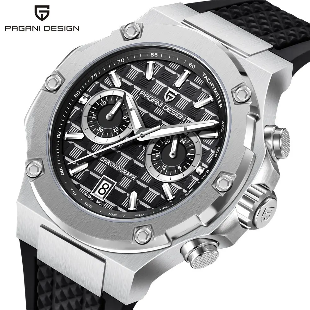 PAGANI DESIGN PD-YS032 Men's Quartz Watch 44mm Japan VK64 Movt Stainless Steel Case Rubber Strap Sapphire Glass 100M Waterproof