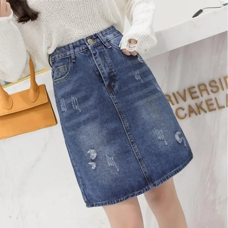 Chubby To Knees Length with Pocket Women's Denim Skirt Midi Female Jeans Skirts Ripped 2024 Trend Vintage Korean Fashion Cheap V