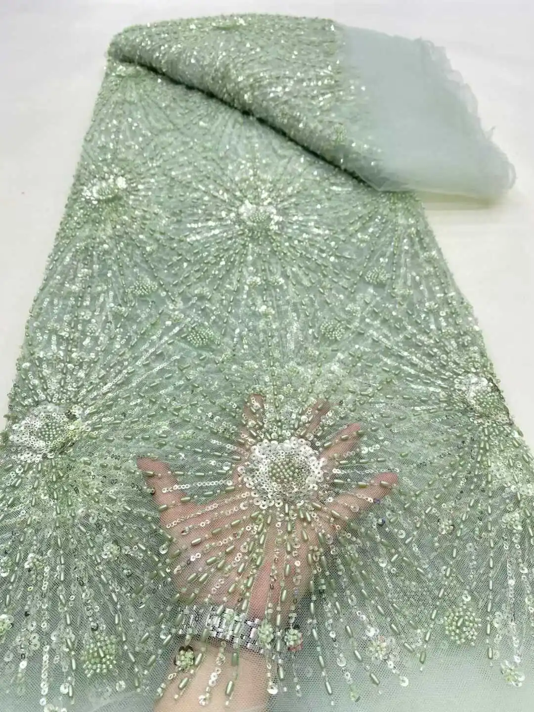 

2026 Green High Quality African Lace Fabric Sequins Mesh Luxury Heavy bead Embroidered Tulle Fabric for Sewing Dresses