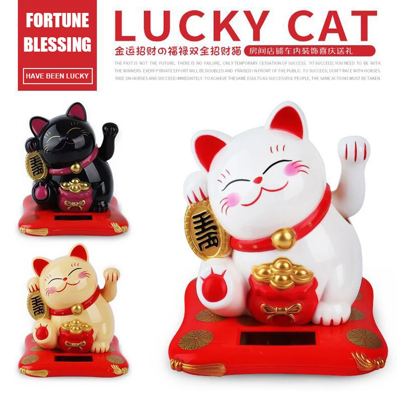 1pc Solar Powered Maneki Neko Lucky Cat Welcoming Chinese Lucky Cat Waving Hand Beckoning Fortune Cat Figurines For Home Decor