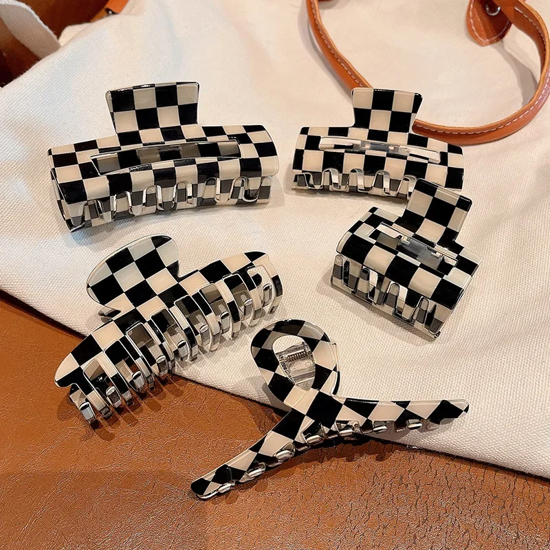 Black and White Chessboard  Large Hair Claws Ladies Design Back of The Head Shark Clips for Girls Hair Accessories Headwear