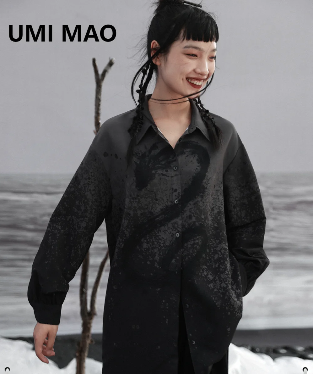 UMI MAO Chinese Wind Dragon Printed Shirt Women's Autumn New Unique Black Grey Gradient High Grade Loose Top Femme Y2K