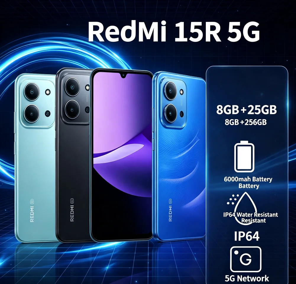 Redmi 15R Unlocked Dual SIM Mobile Phone 8+256GB 6.9' LCD Display Dimensity Processor 13MP Camera 6000mAh Battery Redmi Phone