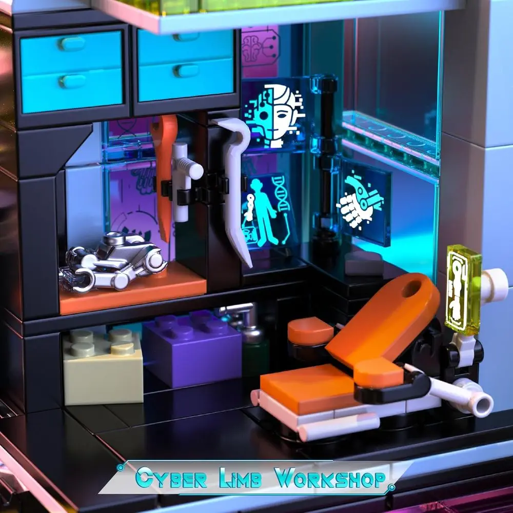 Paisaje urbano futurista Cyberpunk con kit de construcción de garaje de reparación y coche deportivo LED de 2098 piezas para adultos y adolescentes