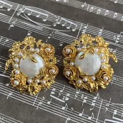 Baroque Pearl Palace Retro Exaggerated Middle Ages Earrings with Ancient Style, Floral and Brocade Layered Flower Earrings