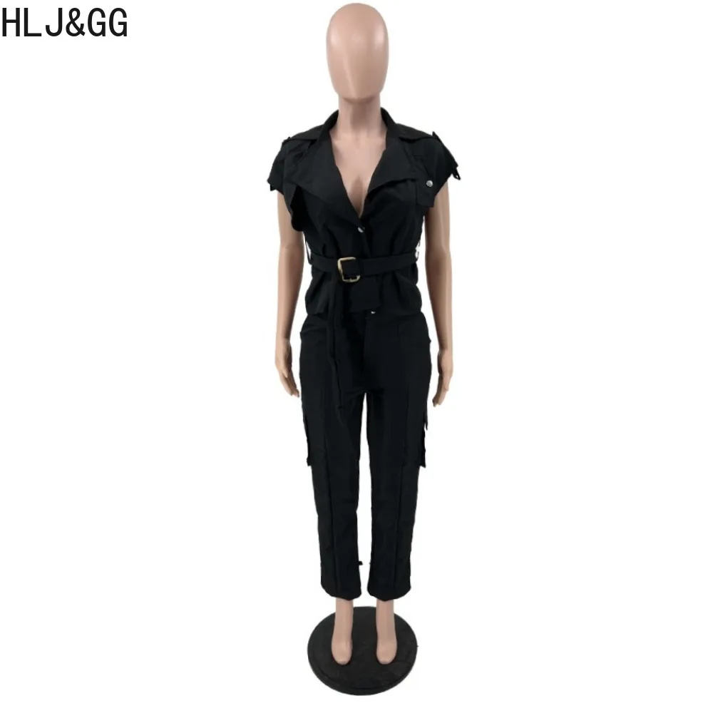 HLJ&GG Elegant Lady Solid Pocket Cargo Pants Two Piece Sets Women Turndown Collar Deep V Sleeveless Top+Pants Outfits with Belt