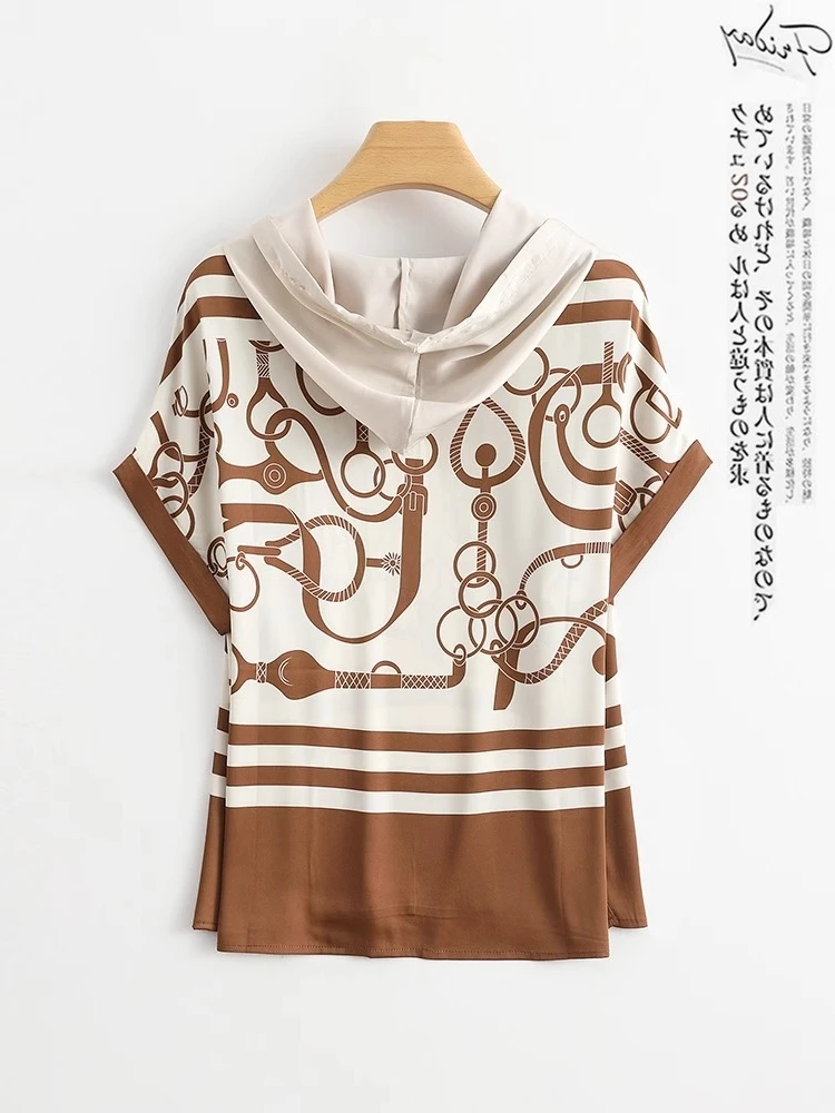 Silk T-irt Women's Loose Fit ort Sve Printed Heavyweight  Silk Casual Summer Top Korean Sle Commute Faion