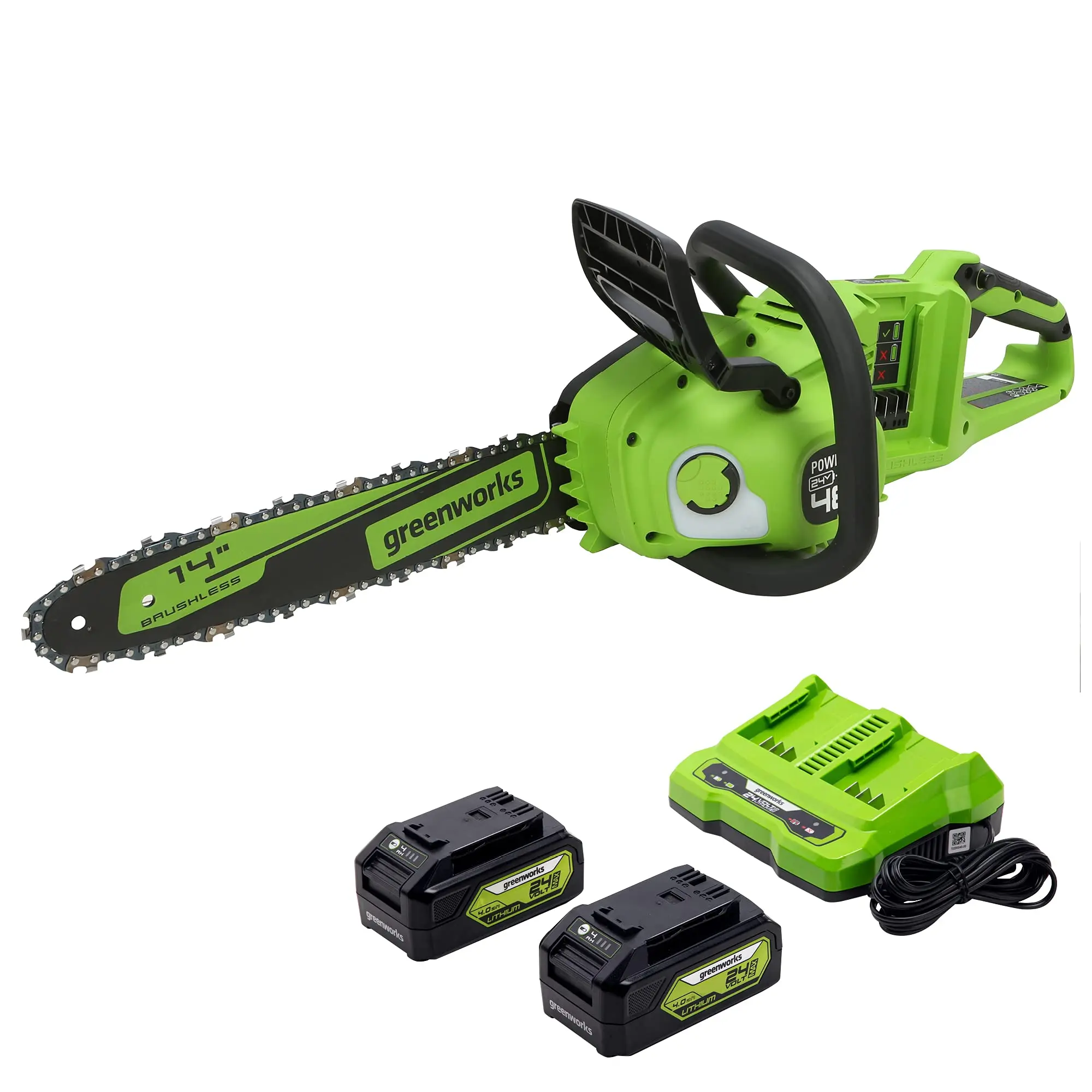 

48V 14" Brushless Cordless Chainsaw for Tree Felling, Limbing, Pruning, Firewood w/ (2) 4.0Ah Batteries & Dual Port Charger