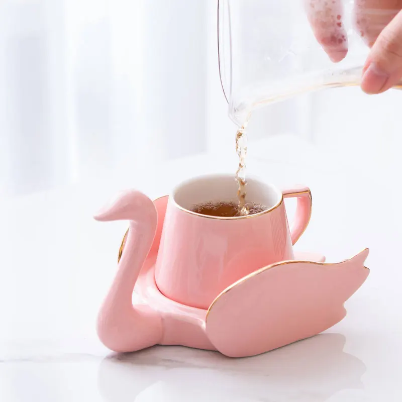 Swan Luxury Coffee Cup Saucer Set Ceramic with Hand and Dish Milk Tea Cappuccino Tableware 110ml Birthday Couples Gifts