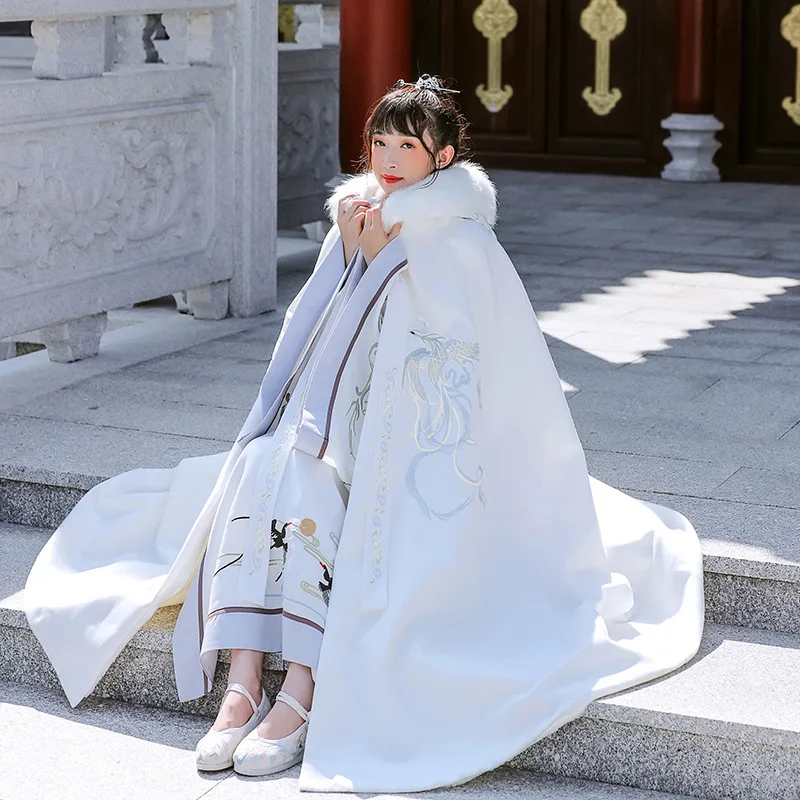 Chinese style Winter With Velvet Hanfu White Female Daily Han Elements Retro Original Couple Phoenix With Velvet Cape