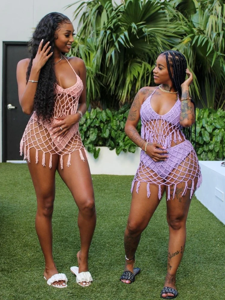 

EOENKKY Сексуальный комплект из двух предметов с вырезами и повязками на тонких бретельках + мини-юбка 2025 Пляжный летний комплект из 2 предметов Женская одежда