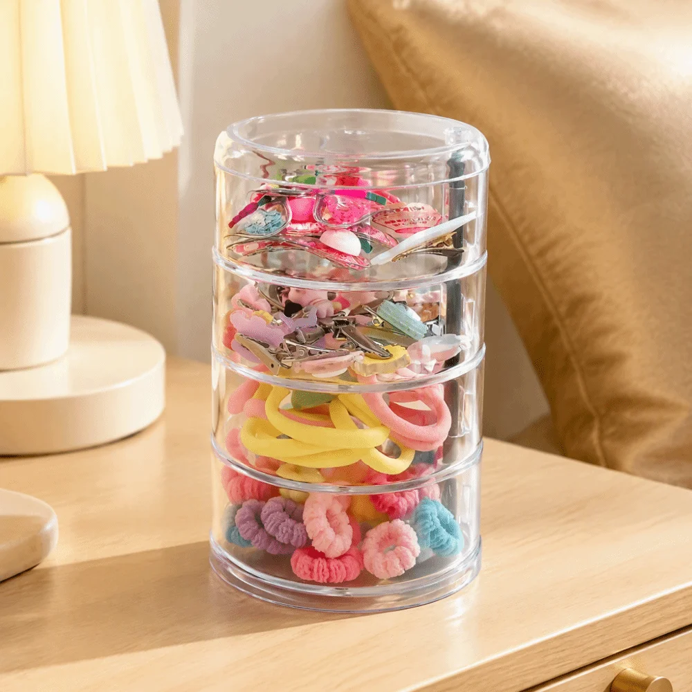 Transparent Plastic Hair Accessory Organizer Rotatable Base Four‑layer Rotatable Storage Box Compact Size Stackable
