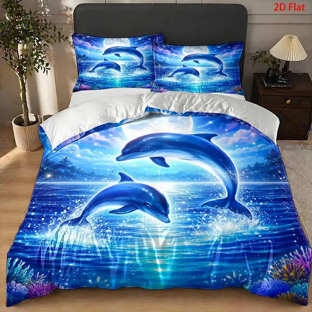 Dolphin Duvet Cover Queen Twin Ocean Theme Bedding Set Cute Marine Life Decor Comforter Cover Cartoon Sea Animal Quilt Cover