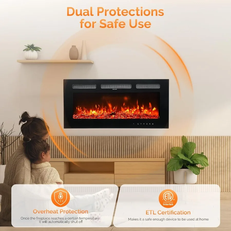 42 Electric Fireplace Wall-Mounted Inserts Fireplace Heater with Remote WiFi Control 12 Adjustable Flame Colors Log Crystal Set